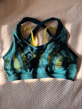 Fabletics Teal Cutout Sports Bra with Yellow Straps